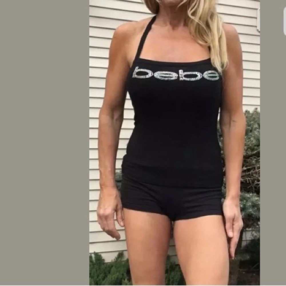 BEBE BLACK RHINESTONE LOGO HALTER STRETCH TOP SZ M